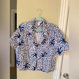 Canvas linen boho tropical print button down with wooden buttons